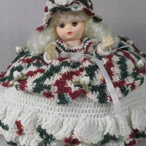 Handmade Crochet Bed Doll – Variegated Red, Green & White – New (16” x 1